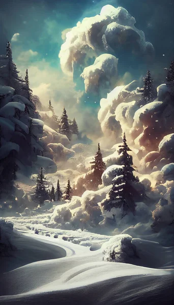 winter with a snow field landscape with a fir trees