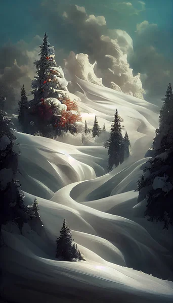 winter with a snow field landscape with a fir trees