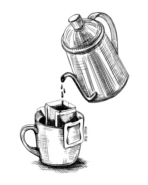 Preto gotejamento copo de café esboço em estilo retro no fundo branco. ilustração vintage vetor desenhado à mão. Ícone isolado. Gráfico de arte. —  Vetores de Stock