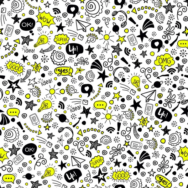 Pattern doodle εφηβική ομιλία σε χαρτί τέχνης στυλ σε μαύρο φόντο. Απρόσκοπτη διανυσματική γραφική σύγχρονη απεικόνιση. Μοντέρνα εικονογράφηση για διακόσμηση. — Διανυσματικό Αρχείο