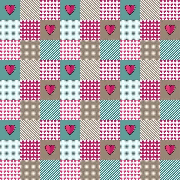 Modèle bleu et rose patchwork coeur Saint-Valentin dans un style rétro sur fond blanc. Modèle tribal sans couture vectoriel. abstrait géométrique moderne. — Image vectorielle