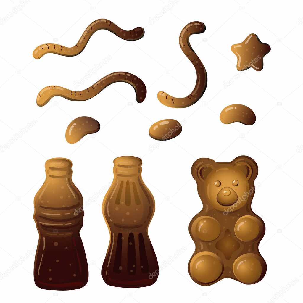 Color k jelly bear cola set on white background. Vector design Isolated illustration. Liquid sweet set.