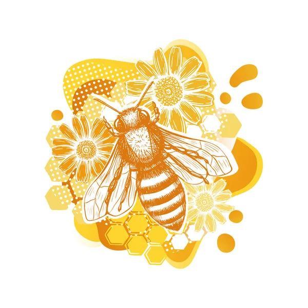 Templat gambar Lebah Kuning dan bunga dalam gaya modern pada latar belakang putih. Musim panas makanan organik alami. Seni garis. - Stok Vektor