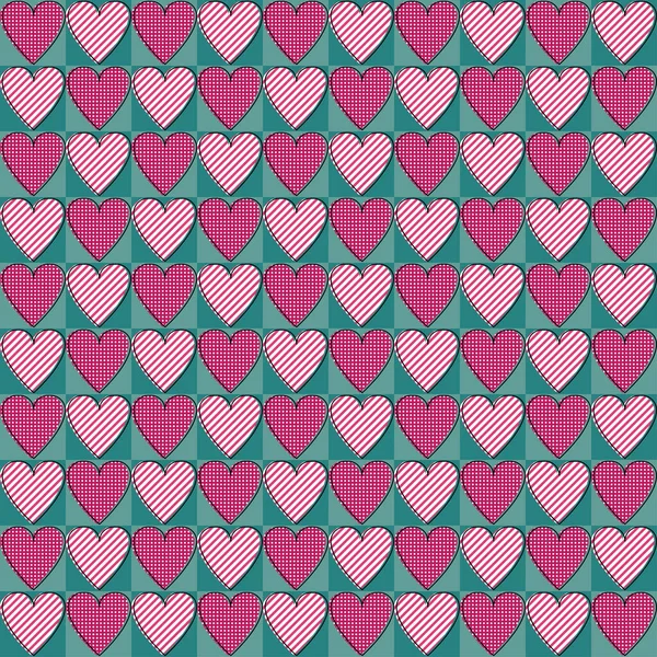 Modèle bleu et rose patchwork coeur Saint-Valentin dans un style rétro sur fond blanc. Modèle tribal sans couture vectoriel. abstrait géométrique moderne. — Image vectorielle