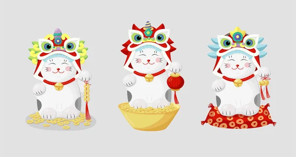 Kina lejon dans maneki neko katt set i kinesisk stil.Vector grafik. Glad kinesisk nyår illustration. Japansk ikon med röd porslin symbol. Vektorgrafik