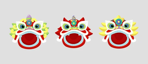 Tecknad samling med dans lejon mask set för firande dekoration design. Isolerad vektorillustration. Gott nytt år i Kina. Fira part grafik. Stockvektor