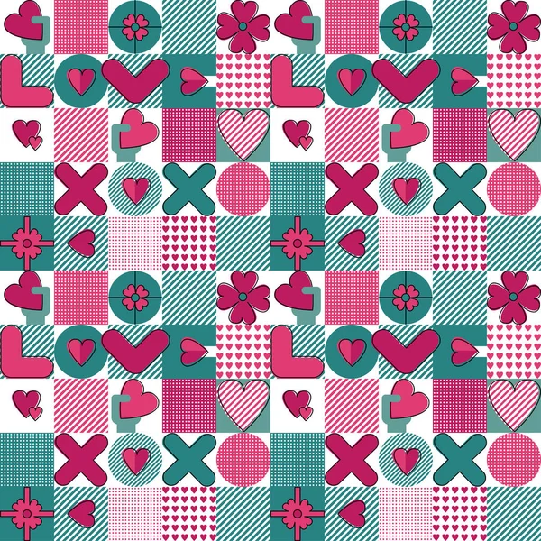 Modern patroon met roze Valentijn geometrische liefde op witte achtergrond voor viering decoratie ontwerp. Naadloze stofstructuur. Creatieve decoratieve print. Valentijnsdag. — Stockvector