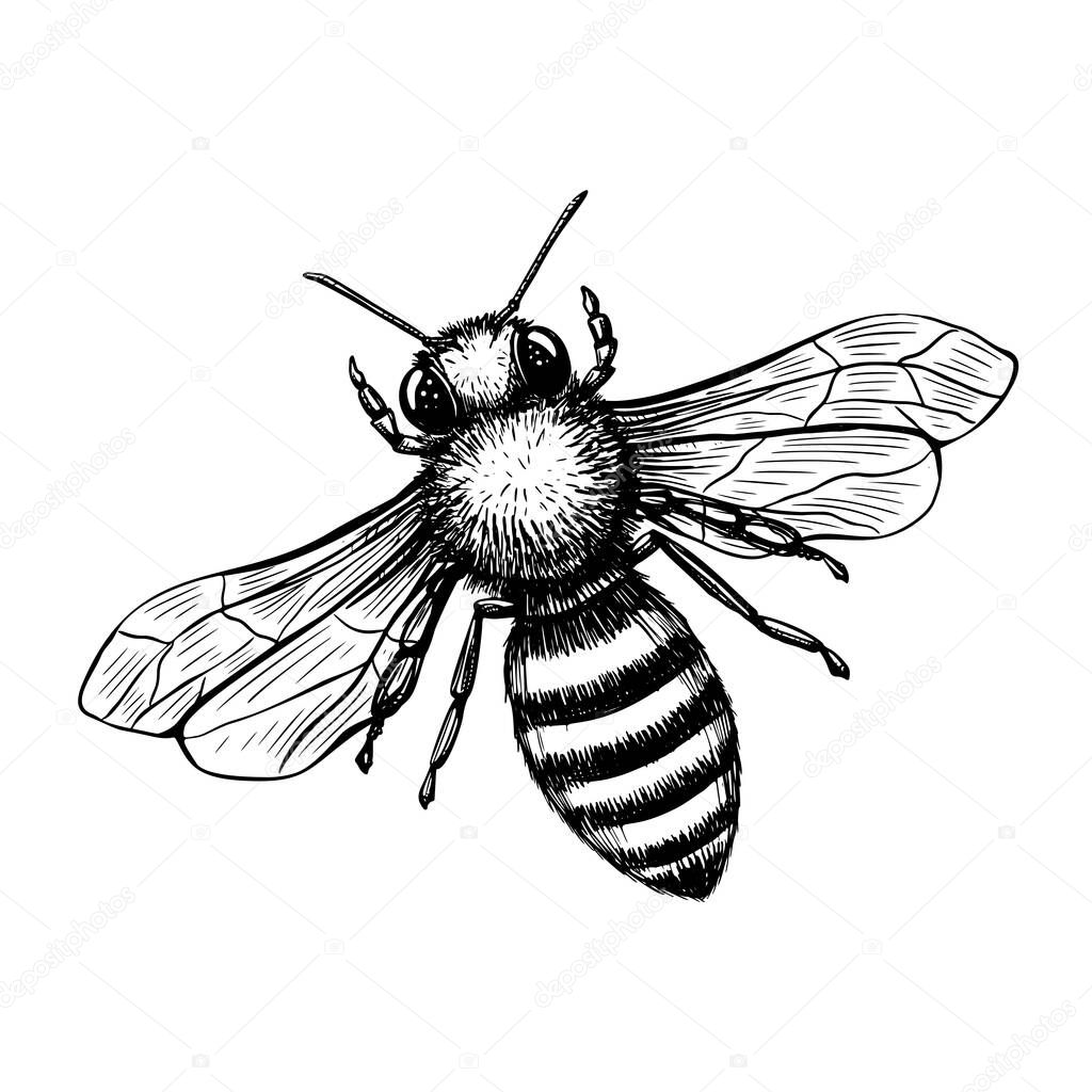 Bee in sketch style on black background. Nature vector vintage illustration design element set. Hand draw