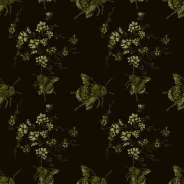 Çiçeklerde vızıldayan böceklerle sulu boya deseni. Dekoratif altın yaz baskısı. El çizimi hayvan çizimi.