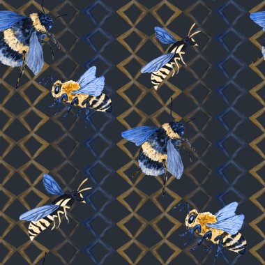 Renkli el yapımı yaban arılarıyla suluboya desenli. Her tasarım için renkli hayvan baskısı.