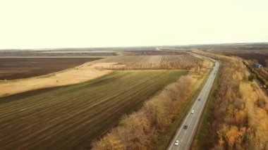 Sonbahar manzarası. Mavi gökyüzünün altındaki yol. Ulaşım geçmişi. Seyahat geçmişi. Güneşli sonbahar hava manzarası. Sonbahar doğası. - Rusya. Rostov bölgesi.