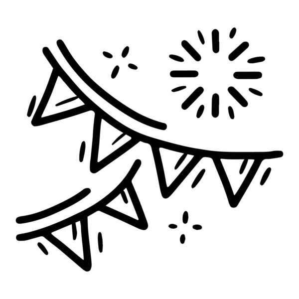 Праздничная бумага или ткань гирлянды с треугольниками линейной векторной иконки в стиле каракулей — стоковый вектор