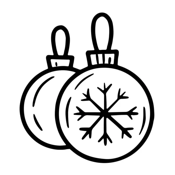 Рождественские ёлочки, снежинки, воздушные шары, линейная векторная икона в стиле каракулей — стоковый вектор
