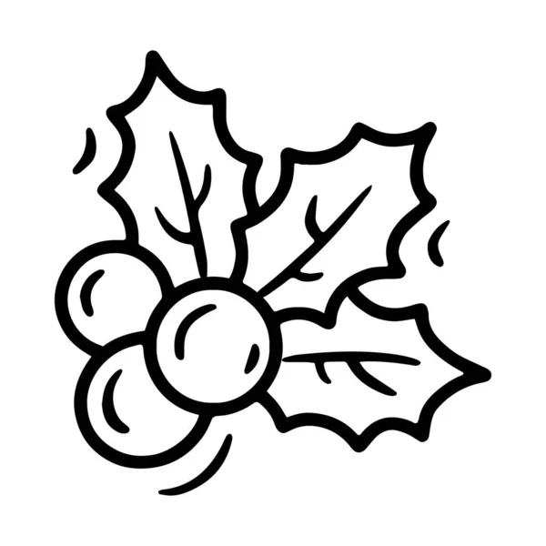 Kerst hulst bloem poinsettia en maretak, bladeren met bessen, lineaire vector pictogram in doodle stijl — Stockvector