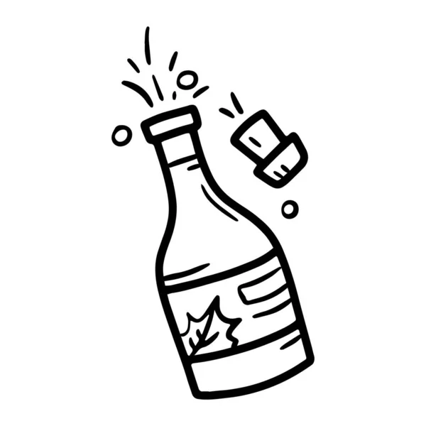 Champagne festif avec couvercle pop-out, icône vectorielle linéaire dans le style doodle — Image vectorielle
