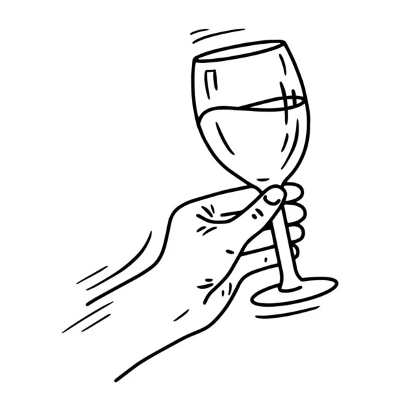 Mano sosteniendo una copa de vino icono de vector lineal en estilo garabato — Vector de stock