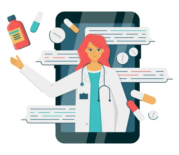Online lékař žena v smartphonu, nemoc messaging — Stockový vektor