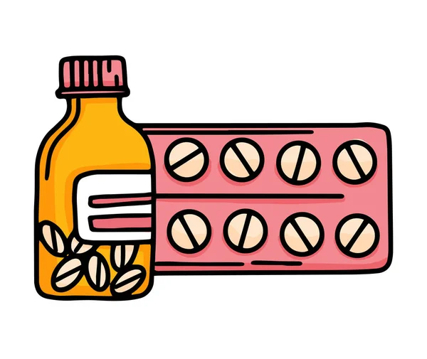 Tabletas en un frasco y en un icono de vector de ampollas — Vector de stock