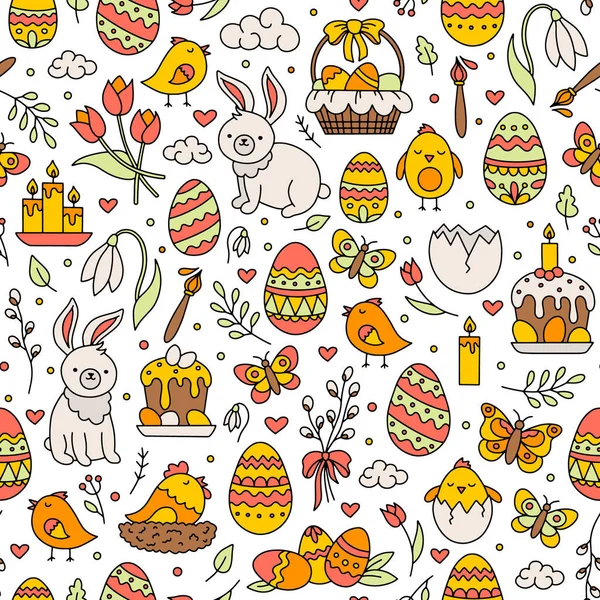 Великодній безшовний візерунок з векторними іконками яєць, курей, квітів і кроликів — стоковий вектор