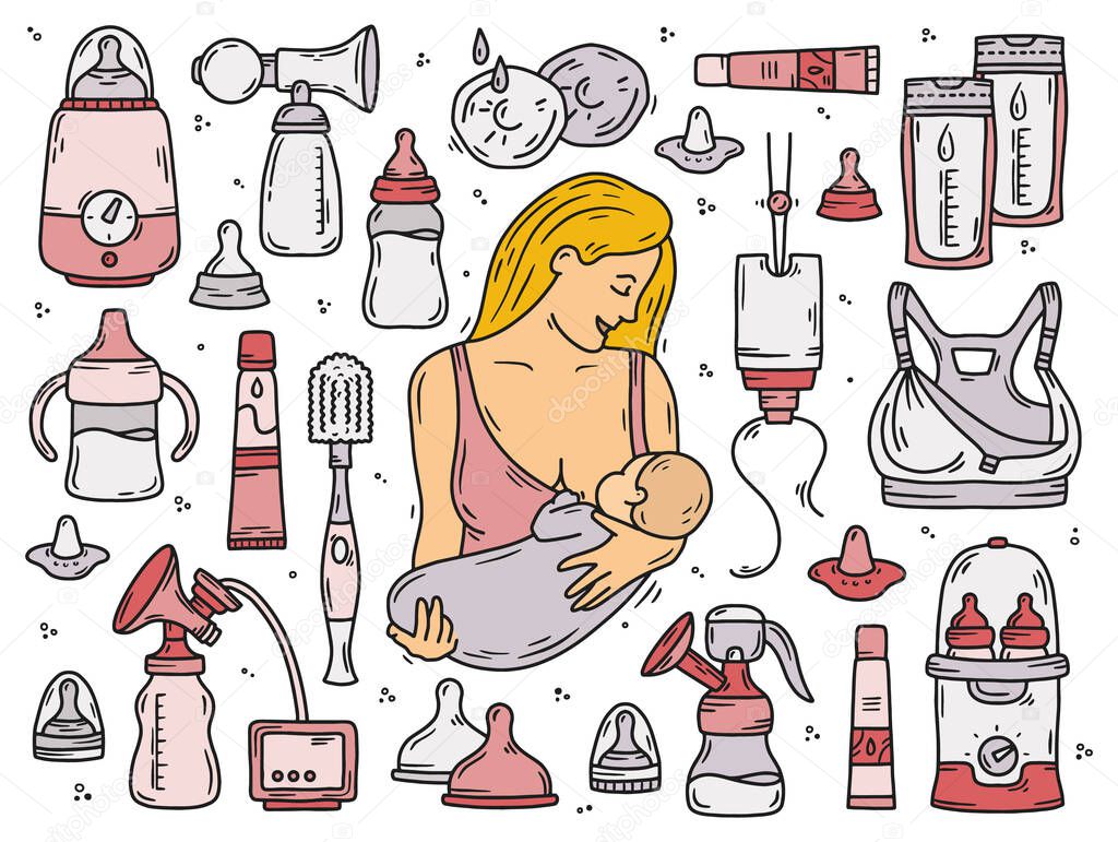 Devices for breastfeeding with milk or infant formula, vector pink icons set with a woman and a baby. Lactation bottles, sterilizer, bags and a bra during nursing. Cartoon style illustration