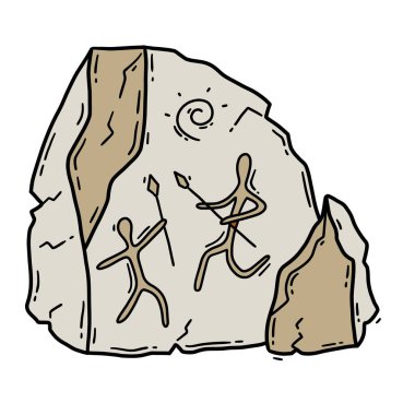 Mağara resimli bir taş, Neandertallerin ve ilkel insanların görüntüsü. Taş Devri vektör çiziminde mızraklı avcılar. Parietal Petroglyphic sanat