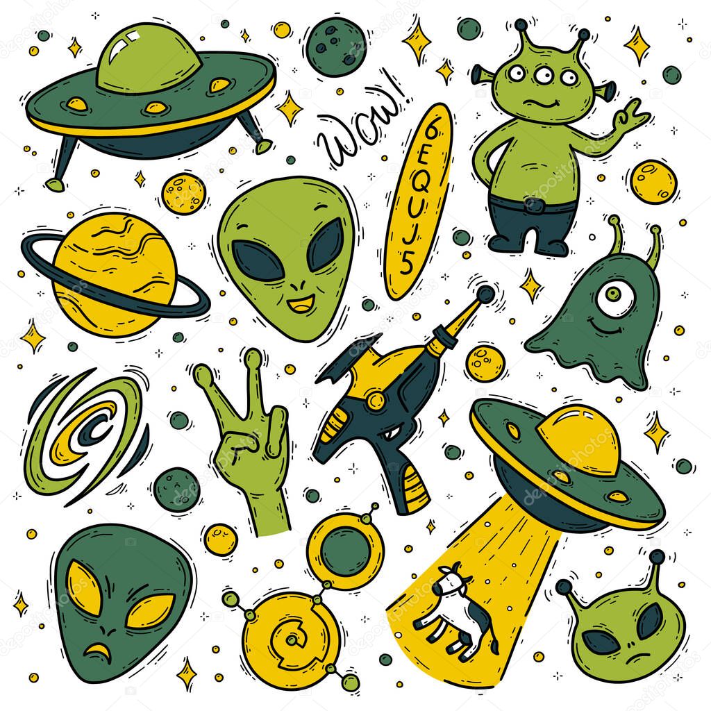 Aliens, unidentified flying object UFO vector doodle icons set. Funny cartoon green and yellow creatures and martians in space. Cow abduction, blaster gun and crop circles on a white background