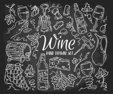 Wine and cheese vector hand drawn chalk set on the blackboard in Doodle sketch style. Linear icons for the menu of glasses, barrel, grapes and bottles.