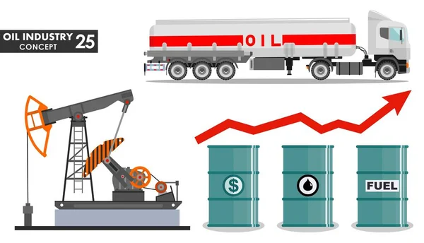 Petrol Endüstrisi Konsepti Benzin Kamyonu Siluetleri Düz Bir Yağ Pompası — Stok Vektör