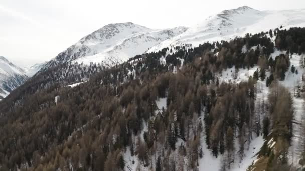 Вид с воздуха на альпийскую снежную зимнюю панораму в Ломбардии, Италия. Видеосъемка 4k с высоты птичьего полета — стоковое видео