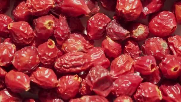 Fresh ripe rose hips, dry briar berries or dog rose fruits with seed, healthy food concept. — Stock Video