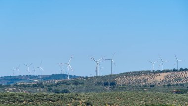Panoramic view of wind farm or wind park, with turbines for generation electricity on sunny summer day. Green energy concept. Eco renewable energy power. Panorama