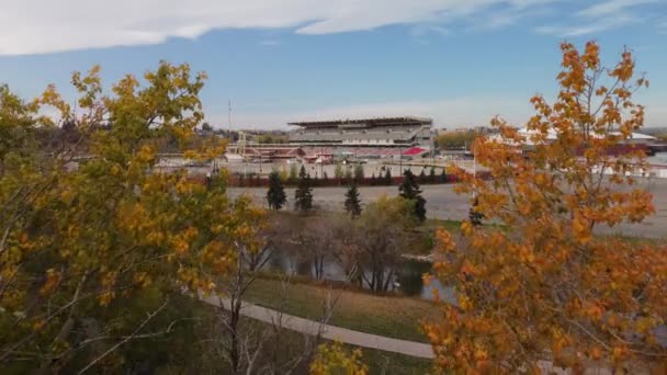 カルガリーアルバータ州カナダ 2021年10月5日 秋の木を通してスタンピード公園の展示会の空中ショット — ストック動画