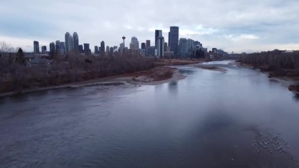 Calgary Alberta Şehir Merkezinin Bow Nehri Üzerindeki East Village Yüksek — Stok video
