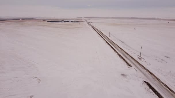 Aerial Flight Follow County Road Power Poles Winter — Wideo stockowe