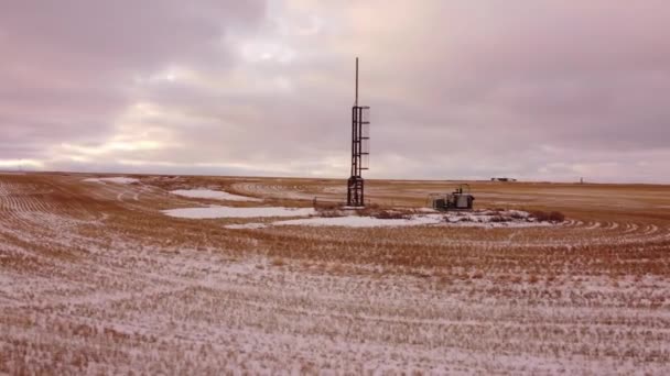 Flyggas Brunn Isolerad Ett Skördat Vetefält Soluppgång Himmel Nordamerika — Stockvideo