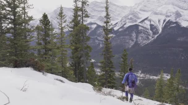 Canmore Alberta Canada December 2018 Tracking Shot Hiker Descending Alpine — Stock Video