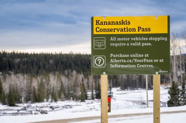 Kananaskis Alberta Canada, March 29 2022: A new Kananaskis Conservation Pass sign for Alberta Provincial Park users. clipart