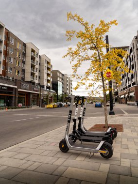 Calgary Alberta Canada, Ekim 01 2021: Elektrik mobiletleri, Üniversite Bölgesi 'ndeki banliyö sakinleri için apartman binalarının yanındaki halka açık bir sokağa park edildi..
