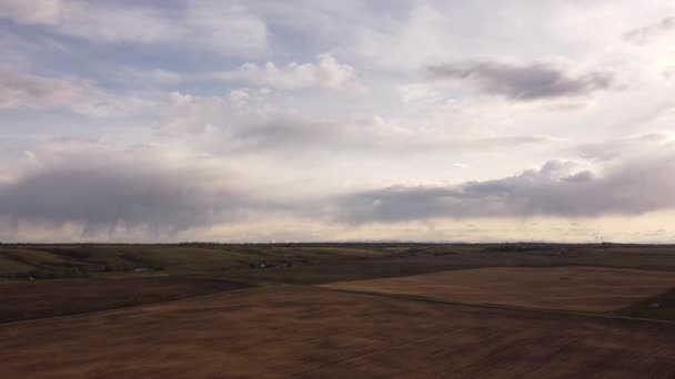 Alberta Çiftliklerinin Tohum Tarlalarının Günbatımında Fırtınalı Bir Gökyüzünün Altında Yüksek — Stok video