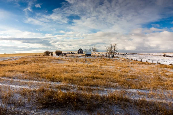 Övergiven Lantgård Dramatisk Morgonhimmel Kanadensiska Vetefält Rockyview County Alberta — Stockfoto