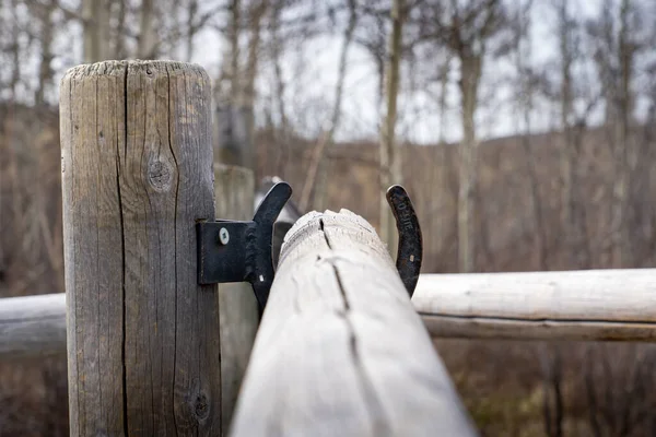 A wooden post and rail fence held together with horse shoes at Glenbow Ranch Provincial Park Canada.