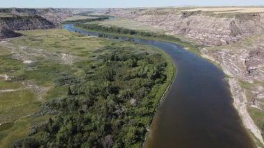 High fast flight above the Canadian badlands near Drumheller Alberta