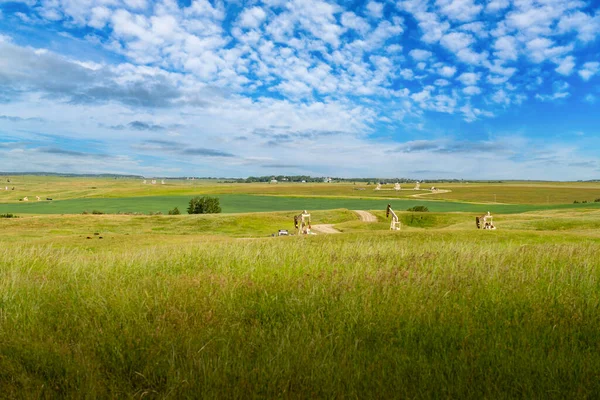 Field of several pump jacks working on Canadian prairies grasslands as part of the oil and gas industry in Rocky View County Alberta Canada.