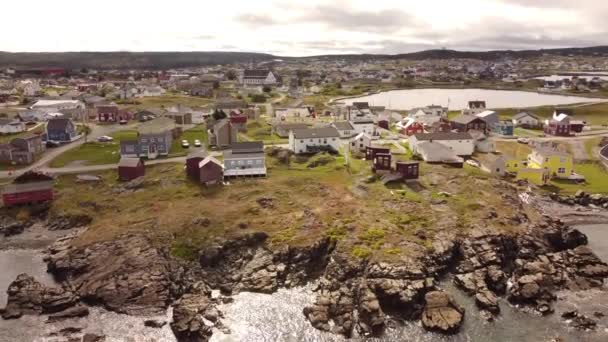 Bonavista Newfoundland Canada September 2022 Aerial Rise Beachside Maritime Town — Stock Video