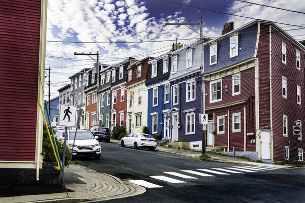 St. John's Newfoundland Canada, September 24 2022: Famous colourful Jelly bean houses popular tourist attraction at a harbour city in Eastern Canada.