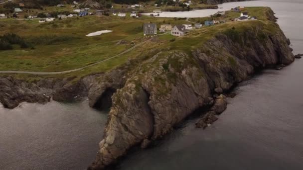 Εναέρια Newfoundland Σπίτια Θέα Ψηλά Βράχια Στον Ατλαντικό Ωκεανό Κοντά — Αρχείο Βίντεο