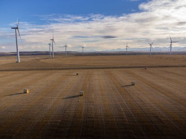Kanada hava yel değirmenleri, Pincher Creek Alberta Kanada yakınlarındaki hasat edilmiş bir tarlada, yuvarlak saman balyaları ile dimdik duruyorlar..