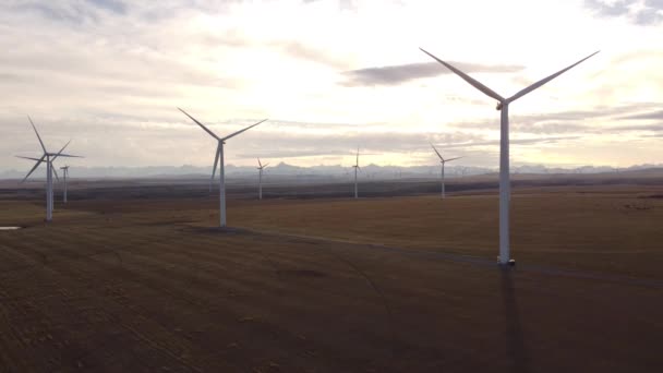 ピンチャークリーク近くの遠くカナダのロッキー山脈と農業分野にまだ立っている風車の空中上昇映画撮影アルバータ州カナダ — ストック動画