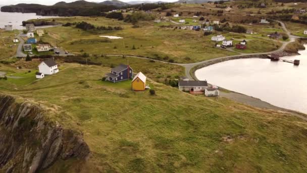 Lucht Filmisch Uitzicht Newfoundland Strand Huizen Met Uitzicht Rotsachtige Kliffen — Stockvideo