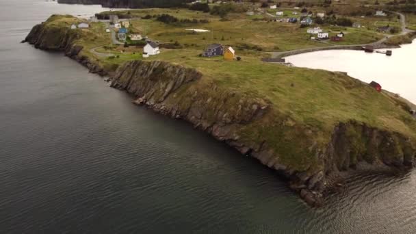 Αεροφωτογραφία Των Παραλιακών Σπιτιών Newfoundland Θέα Βραχώδη Βράχια Κοντά Στο — Αρχείο Βίντεο